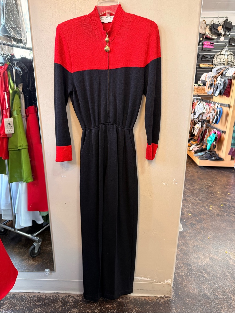 Vintage St. John Sportswear Marie Gray Red Black Knit Jumpsuit Size 8